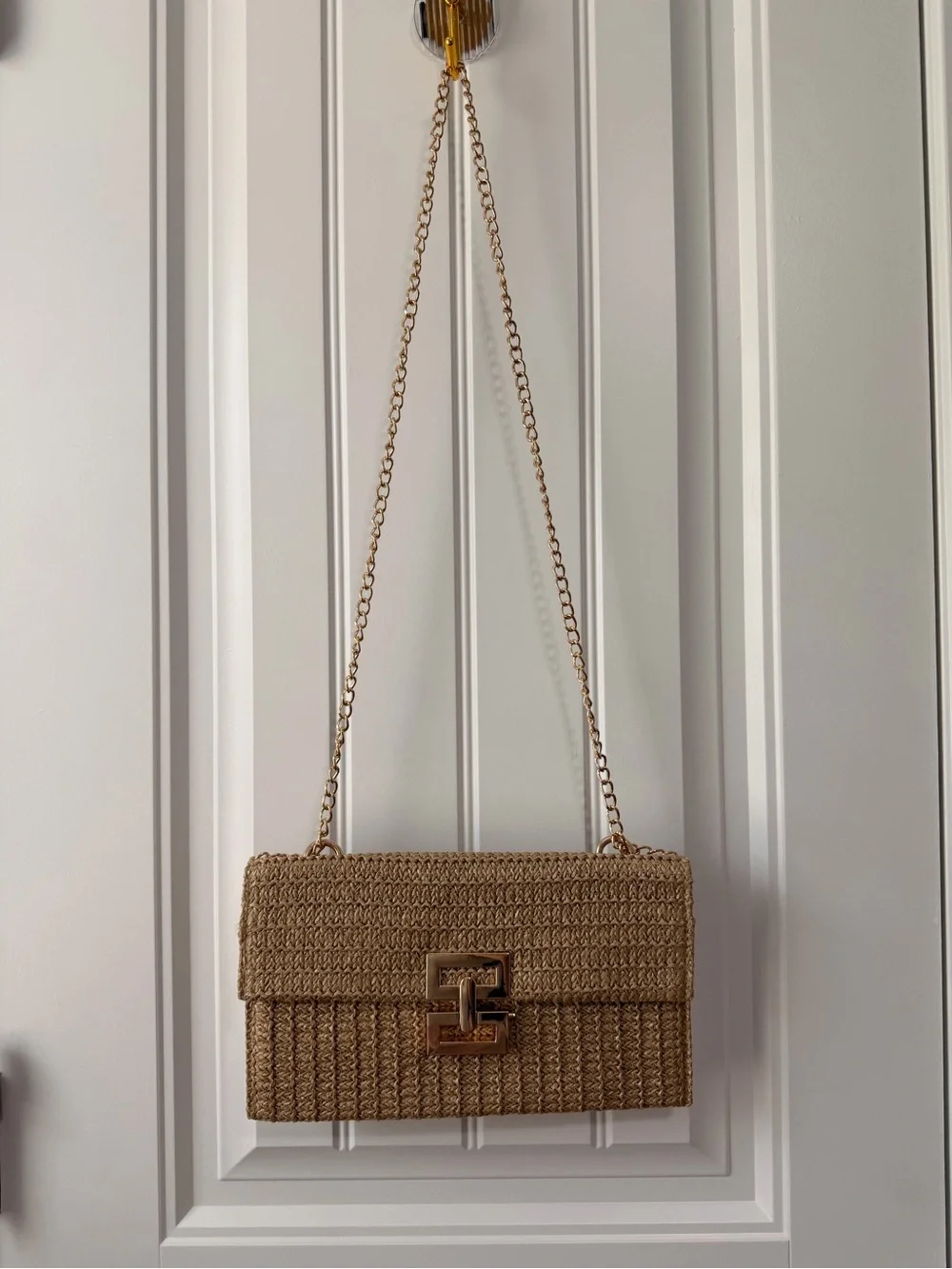 Tan Woven Shoulder Bag with Chain